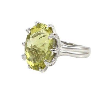 Heavy Solid 14K White Gold Lemon Quartz Diamond Setting Cocktail Ring Size 7